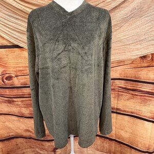 Claiborne Dark Olive Green Textured Long Sleeve Pullover V Neck Top Size S